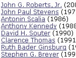 A image of the list of names of current Supreme Court justices