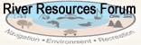 Graphic ofa blue oval with different sillouettes such as a fish and sailboat. Has the text River Resources Forum.