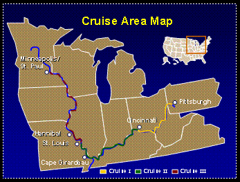 Map of paths of three different rive cruise ships in the Midwest region of the United States