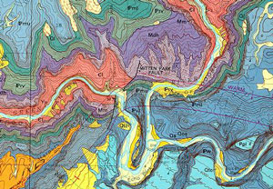 Detail from geologic map of the confluence of the Green and Yampa rivers showing Mitten Park fault in Dinosaur National Monument, Colorado/Utah.