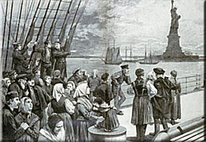 Welcome to the land of freedom. An ocean steamer passing the Statue of Liberty: Scene on the steerage deck