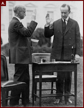 President Coolidge takes an oath prior to casting a ballot in the 1924 presidential election.