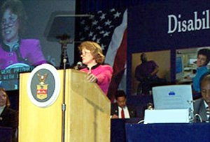 EEOC Chair Cari M. Dominguez delivers remarks during a National Disability Mentoring event