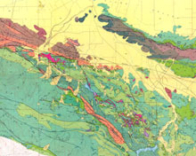 Detail from map of the geology and quicksilver deposits of the New Almaden district, Santa Clara Co., CA.