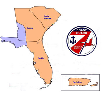 U.S. Coast Guard Seventh Distric Map Image of Area of Responsibility and Coast Guard District Seven Logo Image
