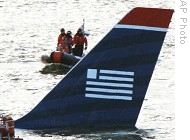 Tail fin of the Airbus A-320 US Airways aircraft that has gone down in the Hudson River, 15 Jan 2009