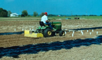 Incorporating encapsulated herbicide (Atrazine) into the soil as part of an experiment to determine if encapsulating herbicides reduces runoff. The white pipes sticking up out of the ground are lysimeters used to sample water from the unsaturated zone.