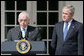 President George W. Bush listens to remarks by Judge Michael Mukasey after announcing his nomination Monday, Sept. 17, 2007, in the Rose Garden, to be the 81st Attorney General of the United States. In thanking the President, Judge Mukasey said, "The department faces challenges vastly different from those it faced when I was an assistant U.S. attorney 35 years ago. But the principles that guide the department remain the same -- to pursue justice by enforcing the law with unswerving fidelity to the Constitution."  White House photo by Chris Greenberg