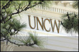 UNCW letters on the columns next to Leutze Hall