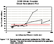 Figure 11.9. Spawning stock-recruitment scatterplot for GOM winter flounder.   The solid horizontal line represents the geometric mean recruitment. 