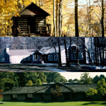 3 images combined to represent lodging options, Misty Mount Cabin, Camp Greentop, and Camp Round Meadow.