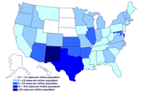 Incidencia de casos de infección por el brote de la cepa de Salmonella saintpaul, Estados Unidos, por estado, hasta las 9 pm EST del 20 de julio de 2008