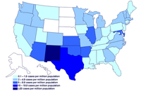 Incidencia de casos de infección por el brote de la cepa de Salmonella saintpaul, Estados Unidos, por estado, hasta las 9 pm EST del 21 de julio de 2008