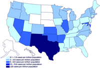Incidencia de casos de infección por el brote de la cepa de Salmonella saintpaul, Estados Unidos, por estado, hasta las 9 pm EST del 29 de julio de 2008