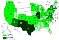 Personas infectadas por el brote de la cepa Salmonella Saintpaul, Estados Unidos, por estado, hasta las 9 pm EST del 10 de julio de 2008
