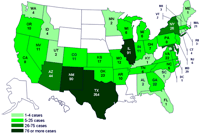 Personas infectadas por el brote de la cepa de Salmonella saintpaul, Estados Unidos, por estado, hasta las 9 pm EST del 1 de julio de 2008