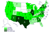 Personas infectadas por el brote de la cepa de Salmonella saintpaul, Estados Unidos, por estado, hasta las 9 pm EST del 21 de julio de 2008