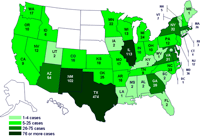 Cases infected with the outbreak strain of Salmonella Saintpaul, United States, by state, as of July 16, 2008 9pm EDT