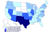 Incidencia de casos de infección por el brote de la cepa de Salmonella saintpaul, Estados Unidos, por estado, hasta las 9 pm EST del 28 de julio de 2008