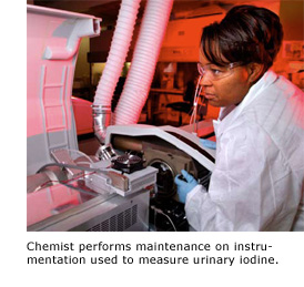 Chemist performs maintenance on instrumentation used to measure urinary iodine.