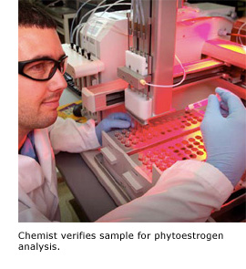 Chemist verifies sample for phytoestrogen analysis.