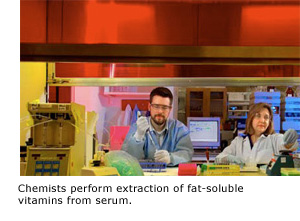 Chemists perform extraction of fat-soluble vitamins from serum.