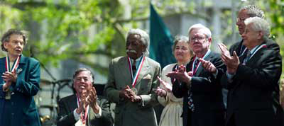 Among the Library's 84 Living Legends honored at the event were (l-r) Jeanne Kirkpatrick, Alan Lomax, Gordon Parks, Katherine Paterson, Jaroslav Pelikan, Colin Powell and Tito Puente. 