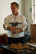 A man standing near a table with ginseng root piled on it.