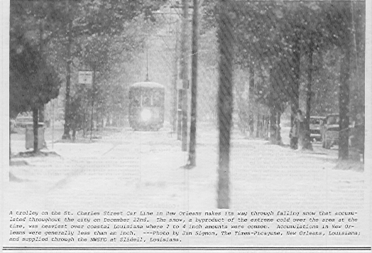 St. Charles Ave streetcar in snowfall