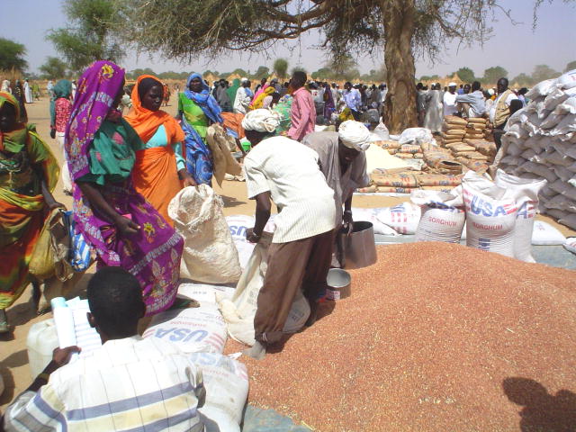 A group of Internally Displaced Persons stand in line to receive sorghum.