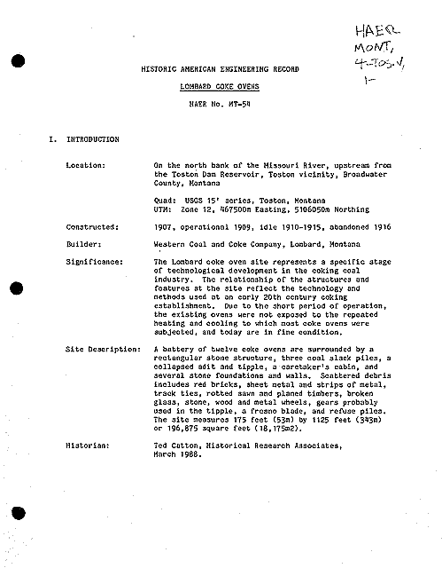 Data page 2 of 22, Lombard Coke Ovens, North Bank of Missouri River n