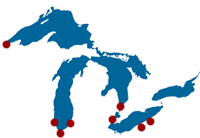 map of goby sightings around the great lakes