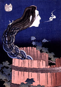 Katsushika Hokusai (1760-1849), from One Hundred Tales (Hyaku monogatari). The legend of a maid, Okiku, who is said to have been thrown down a well by her master for having broken one of a set of plates, has been recounted throughout Japan in a great variety of forms.