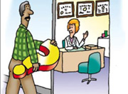 Cartoon of man carrying question mark into doctor's office