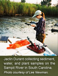 Picture of Jaclin Durant collecting sediment, water, and plant samples on the Sampit River in South Carolina, photo courtesy of Lee Newman