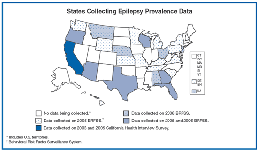 Graphic showing which states collect epilepsy prevalence data