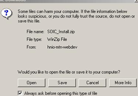 Dialogue box that initiates the download procedure. Allows user to open or save SOIC_Install.zip.