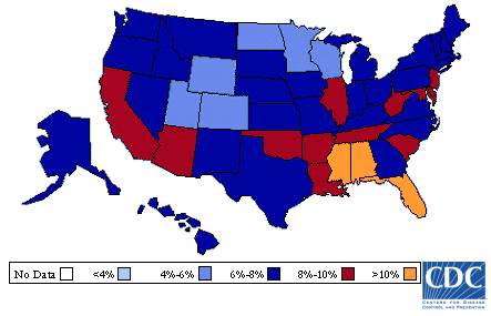 Image of U.S. map showing diabetes prevalence for 2001. A table that follows describes the information in detail.
