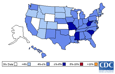 Image of U.S. map showing diabetes prevalence for 1990. A table that follows describes the information in detail.