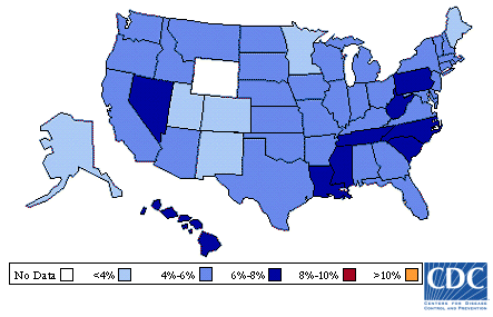 Image of U.S. map showing diabetes prevalence for 1991 to 1992. A table that follows describes the information in detail.