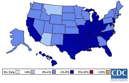 Image of U.S. map showing diabetes prevalence for 1997 to 1998. A table that follows describes the information in detail.