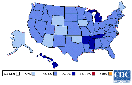 Image of U.S. map showing diabetes prevalence for 1993 to 1994. A table that follows describes the information in detail.