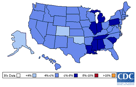 Image of U.S. map showing diabetes prevalence for 1995 to 1996. A table that follows describes the information in detail.