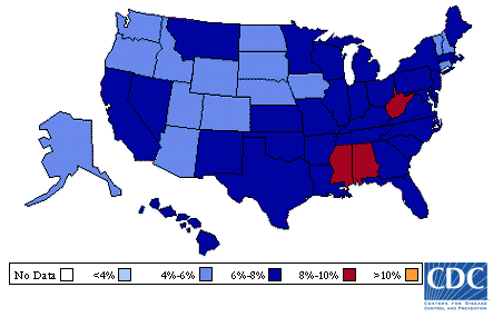 Image of U.S. map showing diabetes prevalence for 1999. A table that follows describes the information in detail.