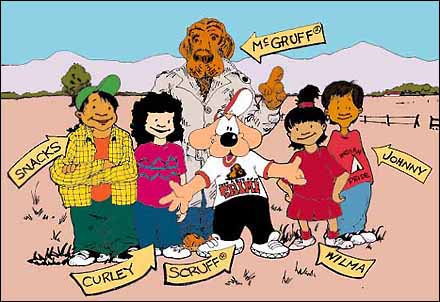 McGruff and Scruff with kids Snacks, Curley, Wilma, and Johnny