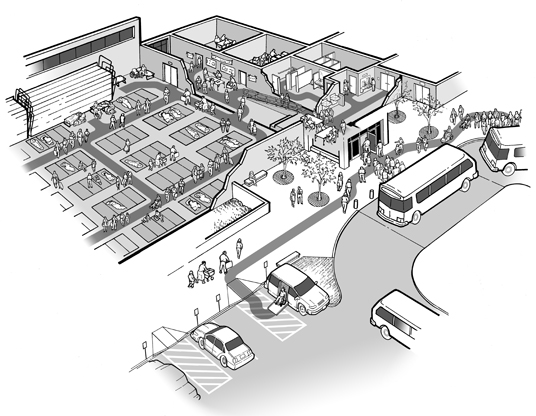 image of a bird-eye view of a shelter with roof removed to show interior. 