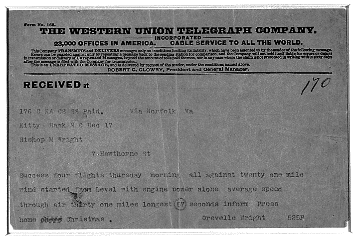 Image 1 of 1, Telegram, Orville Wright to Bishop Milton Wright a
