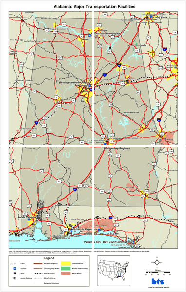 Alabama: Major Transportation Facilities. If you are a user with a disability and cannot view this image, please call 800-853-1351 or email answers@bts.gov for further assistance.