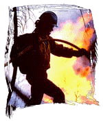 Safety and Health Working Team page identifier - photo of a firefighter fighting a fire with a hose.