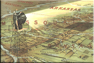 Uncle Sam on a tower with a searchlight looking over a map of the U.S.
